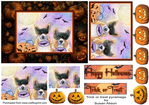 Corgi dogs in batdog costume for Halloween Topper and Pyramid