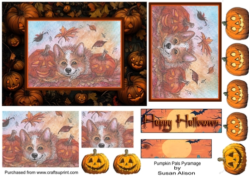 Corgi dog rolling autumn leaves with pumpkin pals for autumn and Halloween Topper and Pyramid