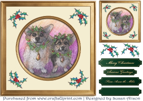 Christmas Corgi dogs with holly and ivy in Gold Frame Quick Card Front