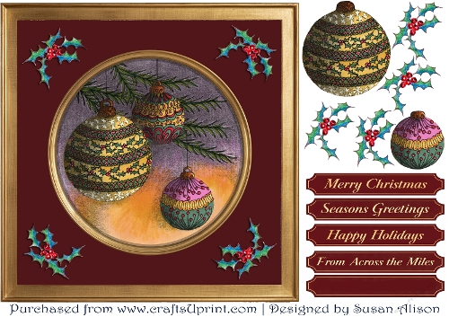 Ornate Christmas Baubles & Holly Decoupage Card
