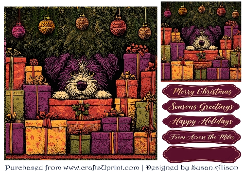 Christmas Dog Among the Presents under the Tree – Card Making Sheet
