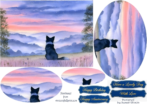 Border Collie Dog admiring the Misty Dawn – Oval Pyramid Card Sheet