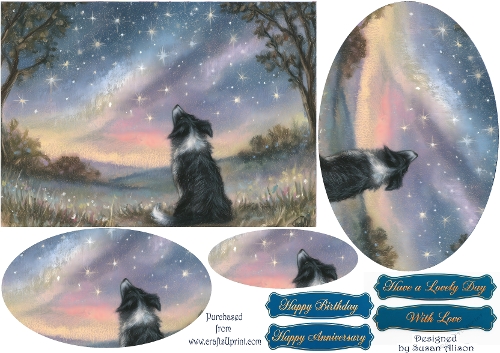 Border Collie Dog admiring a Starry, Starry Night – Oval Pyramid Card Sheet