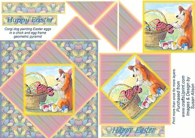 Corgi Dog Painting Easter Eggs in Geometric Frame