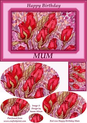 Red Rose Happy Birthday Mum Card Front, Pyramage & Gift Tag