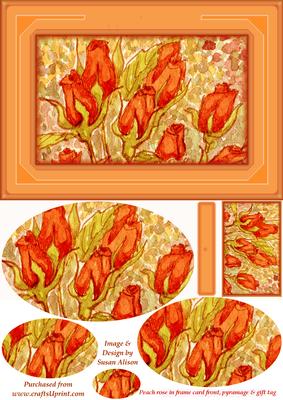 Peach Roses in Frame Card Front, Pyramage & Gift Tag