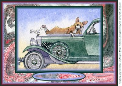 A4 Corgi Dog Lying on Vintage Car
