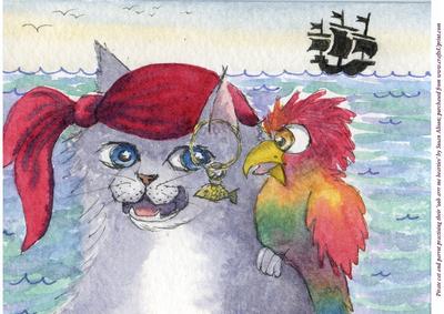 A4 Pirate Cat & Parrot Practice Their 'ooh Arr Me Hearties'