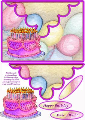 Birthday Cake with Candles on Balloons Envelope Decoupage