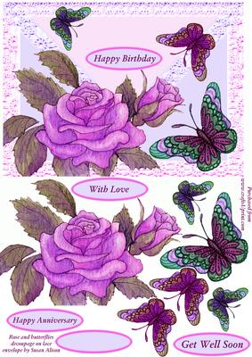 Pink Roses & Butterflies Decoupage on Pink & Lilac Envelope