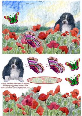 Puppy Watching Butterflies on Poppies Decoupage Topper