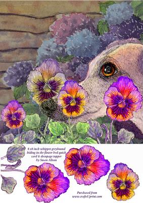 Dog Hiding in the Flower Bed 8x8 Quick Card Decoupage Topper