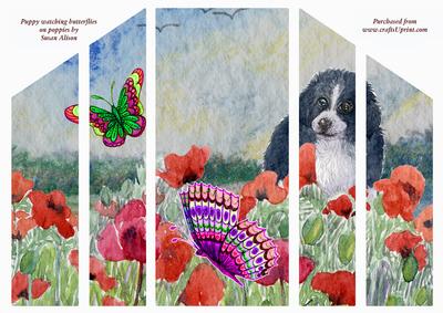 Puppy Watching Butterflies on Poppies Theatre Fold Card