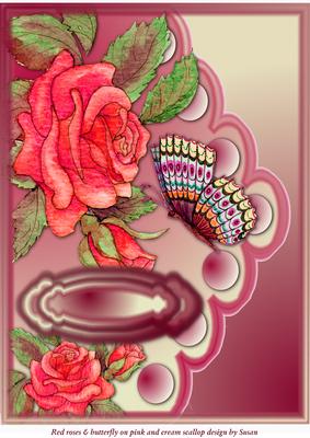 A4 Red Roses & Butterfly on Pink & Cream Scallop Design
