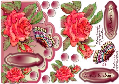 Red Roses & Butterfly Scallop Edge Card Front with Decoupage