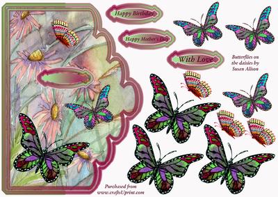 Butterflies on Daisies Scallop Edge Card Front Wth Decoupage