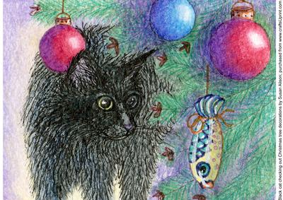 Black Cat Checking Out Christmas Tree Decorations