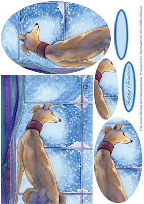 Greyhound Watching Snowfall Oval Pyramid