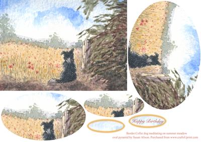 Border Collie Dog Meditating on Summer Meadow Oval Pyramid