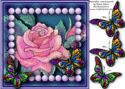 8x8 Butterflies, Rose and Pearls Decoupage
