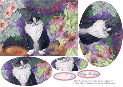 Black & White Tuxedo Cat in the Garden Oval Pyramage