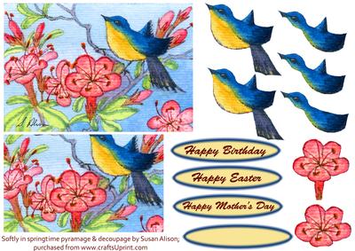 Softly in Springtime Bluebird & Flowers Pyramage & Decoupage