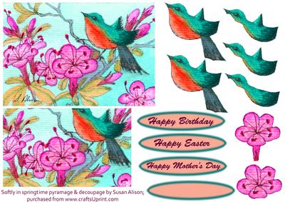 Softly in Springtime Greenbird & Flowers Pyramage, Decoupage