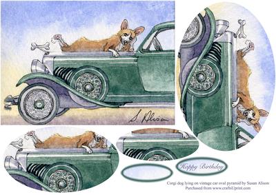 Corgi Dog Lying on Classic Car Oval Pyramage