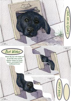 Black Lab Pup with Head Out of Cat Flap Wavy Corner Stacker