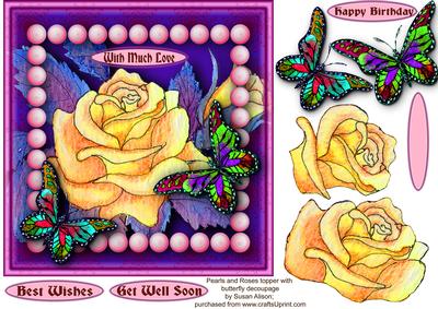 Lace, Yellow Rose & Pearls Topper with Butterfly Decoupage