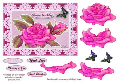 Pink Rose on Lace Topper with Butterfly