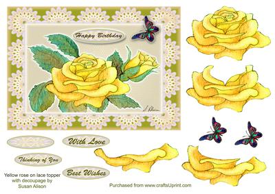 Yellow Rose on Lace Topper with Butterfly