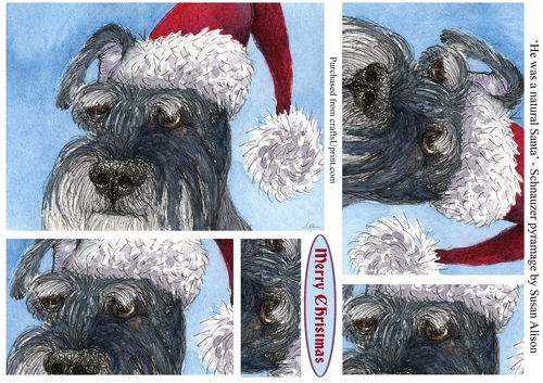Schnauzer wearing a red Santa hat, pyramage rectangle by Susan Alison