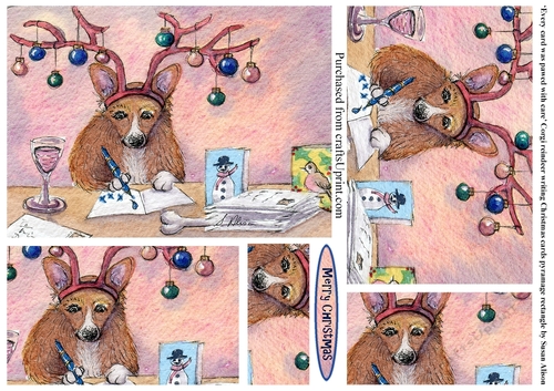 Corgi dog with reindeer antlers writing Christmas cards, rectangular pyramage topper.