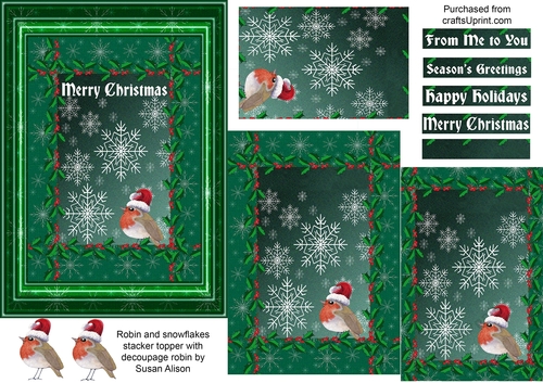Robin and snowflakes and holly stacker topper with decoupage robin