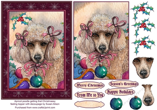 Apricot poodle dog getting that Christmassy feeling - topper with decoupage