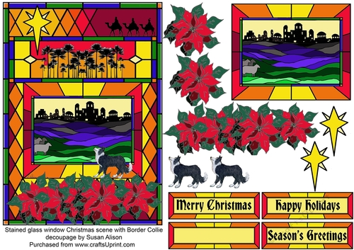 Border Collie dog in stained glass window Christmas scene with decoupage topper