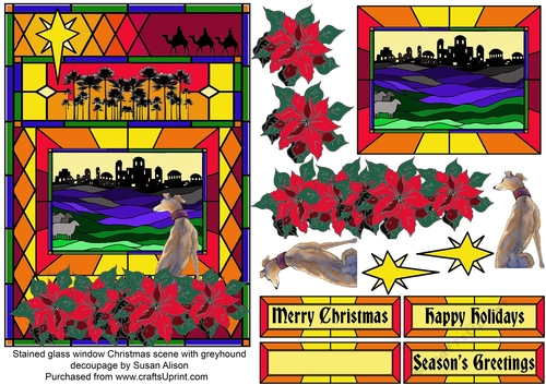 Greyhound dog in stained glass window Christmas scene with sighthound decoupage topper