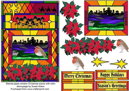 Robin redbreast bird in stained glass window Christmas scene with decoupage topper
