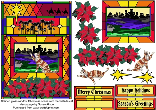 Marmalade cat in stained glass window Christmas scene with decoupage topper
