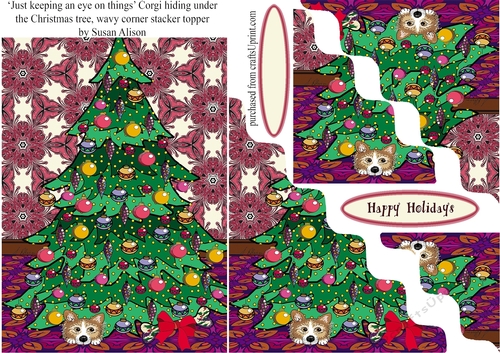 Welsh Corgi dog hiding under a Christmas tree, wavy corner stacker topper