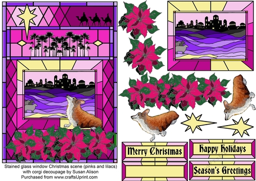 Corgi dog in stained glass window Christmas scene (pinks & lilacs) with decoupage topper
