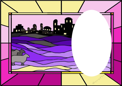 Stained glass window Christmas scene (pinks and lilacs) with oval aperture