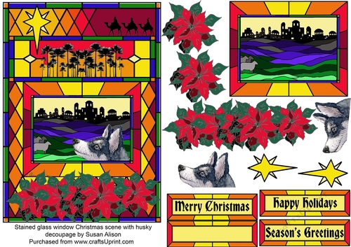 Husky in stained glass window Christmas scene with decoupage
