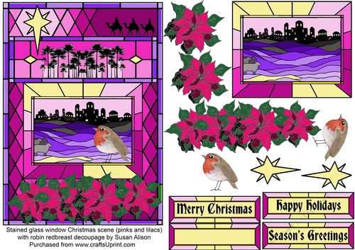 Robin redbreast bird in stained glass window Christmas scene (pinks & lilacs) with decoupage