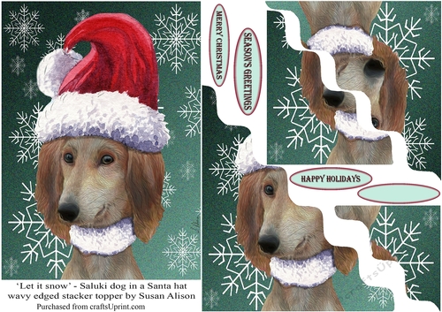 Saluki dog wearing a Santa hat, on a festive green background with snowflake design, wavy edged stacker topper