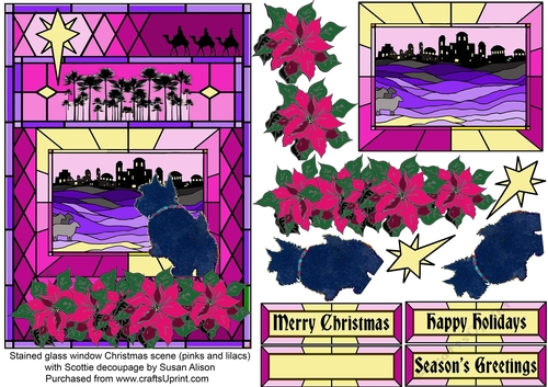 Scottie dog in stained glass window Christmas scene (pinks & lilacs) with decoupage