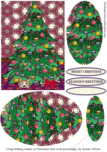 Welsh Corgi dog hiding under the Christmas tree, oval pyramage