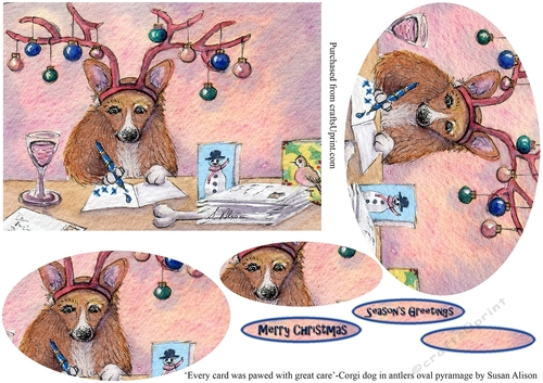 Corgi dog with reindeer antlers writing Christmas cards, oval pyramage topper.