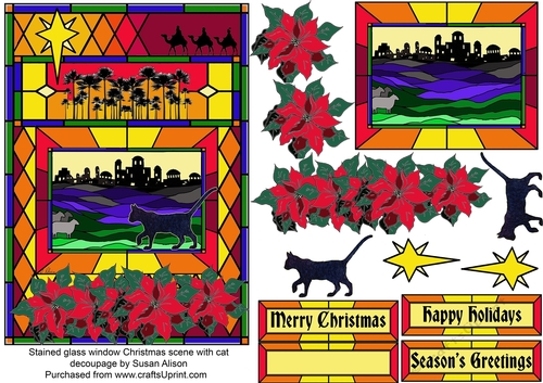 Black cat in stained glass window Christmas scene with decoupage topper